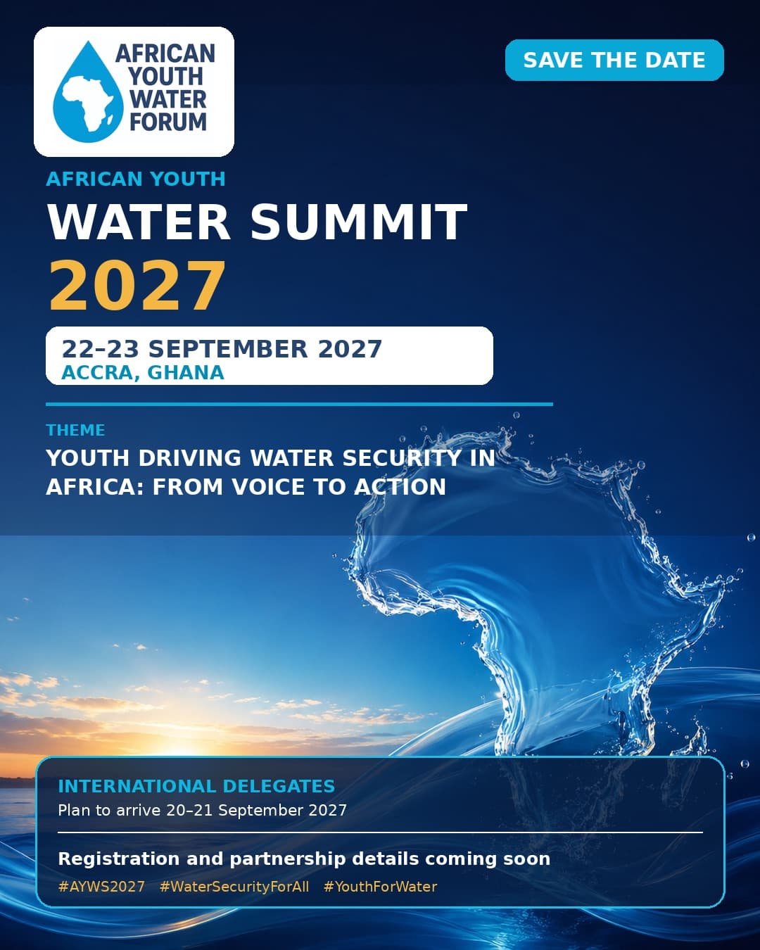 African Youth Water Summit 2027 Save-the-Date flyer — 22–23 September 2027, Accra, Ghana.